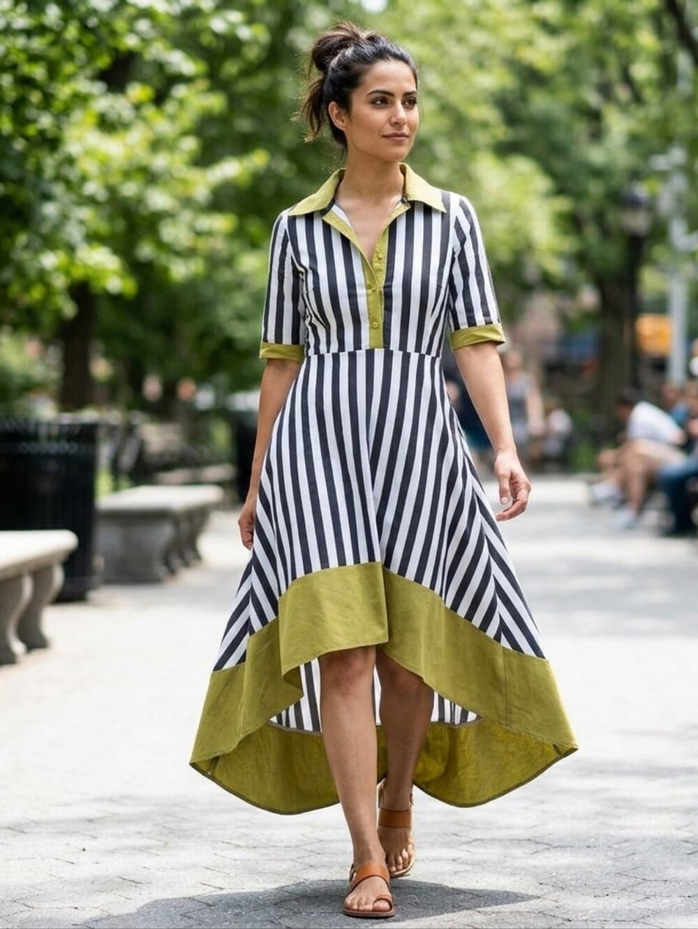 Striped V-Neck Dress with Olive Trim